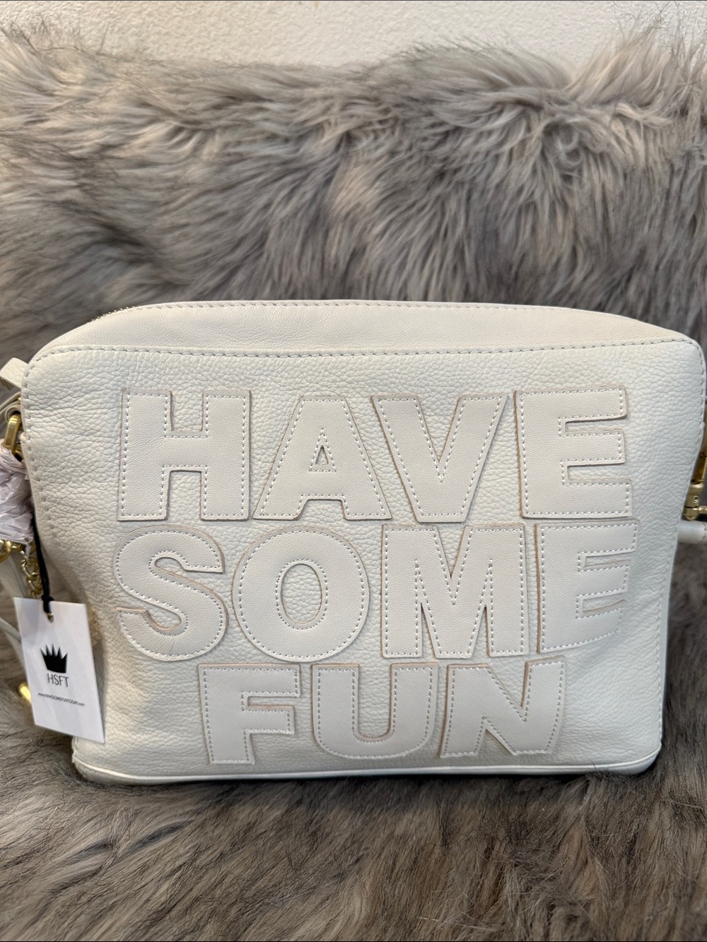 NWT HSFT White Embossed 'Have Some Fun Today’ Leather Shoulder/Crossbody Bag